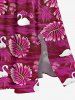 Robe mi-longue hawaïenne fendue à imprimé cygne et feuilles de cocotier, grande taille - Rouge Rose 5X
