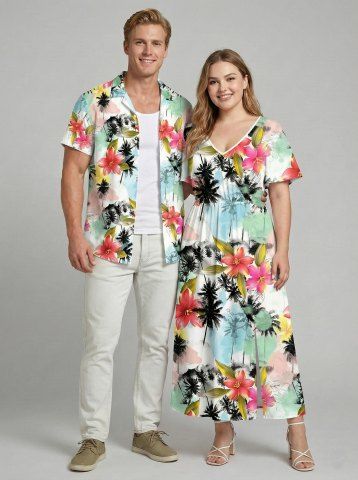 Ensemble de plage hawaïen assorti pour couples, imprimé colorblock fleurs et cocotiers, grandes tailles