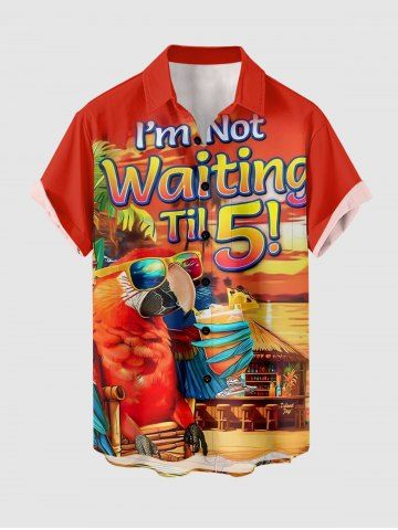 Plus Size Parrot Coconut Tree Bar Seascape Print Buttons Pocket Hawaii Shirt For Men - RED - L