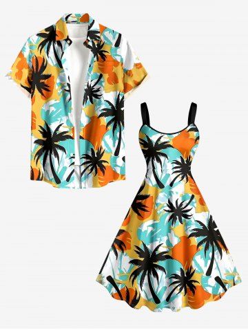 Coconut Tree Colorblock Print Plus Size Matching Hawaii Beach Outfit For Couples