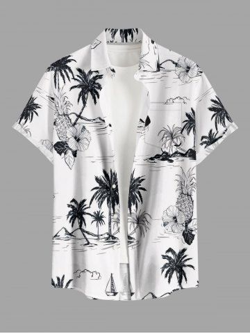 Chemise hawaïenne grande taille pour homme, imprimée cocotiers, ananas et hibiscus, avec poches et boutons. - WHITE - 6XL