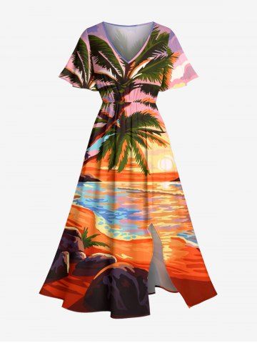 Plus Size Coconut Tree Seascape Sun Print Split Hawaii Midi Dress - ORANGE - L