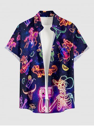 Chemise hawaïenne grande taille pour homme, à imprimé crâne, squelette, jus de fruits, animaux et guitare, boutons et poche. - BLACK - 6XL