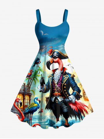 Robe trapèze hawaïenne grande taille à imprimé flamants roses, pirates, cocotiers et vagues - SKY BLUE - 6X