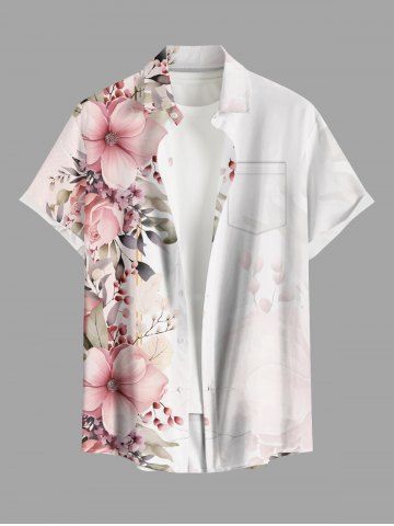 Plus Size Flowers Leaf Print Buttons Pocket Hawaii Shirt For Men - PINK - XL