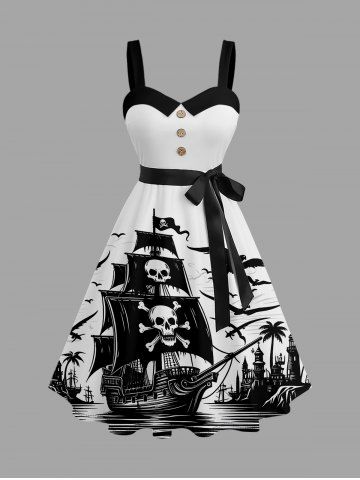 Robe trapèze grande taille à imprimé tête de mort, pirate, voilier et oiseaux, style croisière hawaïenne, avec ceinture amovible - WHITE - XS