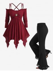 Ensemble grande taille composé d'un haut croisé en jacquard ajouré et d'un pantalon évasé à volants et poches orné de dentelle florale - Rouge foncé 