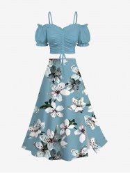 Solid Cinched Top and Flower Leaf Print Hawaii Split A Line Skirt Matching Set -  