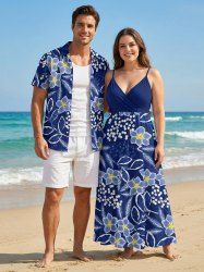 Ensemble de plage hawaïen assorti grande taille à imprimé fleurs et feuilles pour couples - Cadetblue 