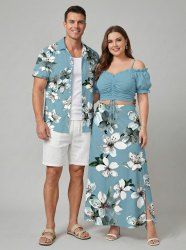 Flower Leaf Print Plus Size Matching Hawaii Beach Outfit For Couples -  