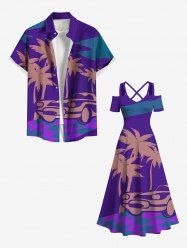 Coconut Tree Car Geometric Colorblock Print Plus Size Matching Hawaii Beach Outfit For Couples -  