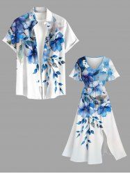 Flowers Leaf Watercolor Print Plus Size Matching Hawaii Beach Outfit For Couples -  