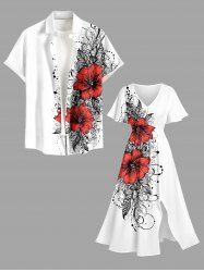 Hibiscus Flowers Leaf Print Plus Size Matching Hawaii Beach Outfit For Couples -  