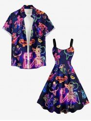 Skull Skeleton Fruit Juice Animal Guitar Print Plus Size Matching Hawaii Beach Outfit For Couples -  