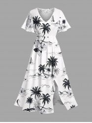 Coconut Tree Pineapple Hibiscus Flowers Print Split Hawaii Midi Dress -  