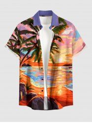 Plus Size Coconut Tree Seascape Sun Print Buttons Pocket Hawaii Shirt For Men -  