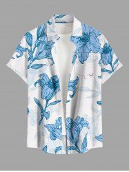 Chemise hawaïenne grande taille à imprimé floral et feuilles, boutons et poche pour homme - Bleu Ciel S
