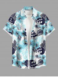 Chemise hawaïenne grande taille pour homme, à imprimé hibiscus, feuilles et crânes, avec boutons et poche. - Bleu Ciel S