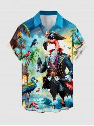 Chemise à boutons grande taille pour homme, motif flamant rose, pirate, cocotier et vagues, style hawaïen. - Bleu Ciel S