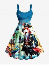 Robe trapèze hawaïenne grande taille à imprimé flamants roses, pirates, cocotiers et vagues - Bleu Ciel XS