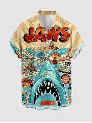 Plus Size Shark Seascape Print Hawaii Button Pocket Shirt For Men -  