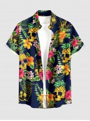 Chemise à boutons grande taille pour homme, imprimée de têtes de mort, d'ananas, de feuilles tropicales et d'hibiscus, style hawaïen. Motifs : crâne, ananas, feuilles tropicales et fleurs d'hibiscus. - Cadetblue M