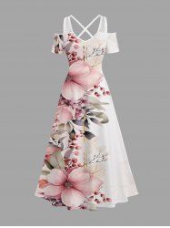 Plus Size Flowers Leaf Print Cold Shoulder Crisscross Hawaii Maxi Dress -  
