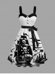 Robe trapèze grande taille à imprimé tête de mort, pirate, voilier et oiseaux, style croisière hawaïenne, avec ceinture amovible - Blanc S