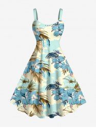 Robe trapèze hawaïenne à imprimé fleurs de cocotier et d'hibiscus grande taille - Bleu clair 4X