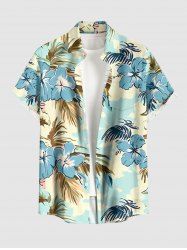 Chemise hawaïenne à poches boutons, imprimé de fleurs de cocotier et d'hibiscus, grandes tailles pour hommes - Bleu clair L