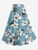 Solid Cinched Top and Flower Leaf Print Hawaii Split A Line Skirt Matching Set -  