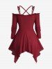 Ensemble grande taille composé d'un haut croisé en jacquard ajouré et d'un pantalon évasé à volants et poches orné de dentelle florale - Rouge foncé 
