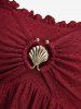 Ensemble grande taille composé d'un haut croisé en jacquard ajouré et d'un pantalon évasé à volants et poches orné de dentelle florale - Rouge foncé 