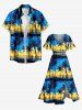 Ensemble de plage hawaïen assorti pour couples, imprimé cocotiers et voiliers, grandes tailles - Bleu profond 