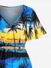 Ensemble de plage hawaïen assorti pour couples, imprimé cocotiers et voiliers, grandes tailles - Bleu profond 