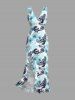 Hibiscus Flowers Tropical Leaf Skulls Printed Hawaii Ruffles Split Surplice Dress -  