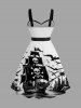 Plus Size Skull Pirate Sailboat Bird Print Hawaii Cruise Button A Line Dress with Removable Belt -  