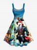 Robe trapèze hawaïenne grande taille à imprimé flamants roses, pirates, cocotiers et vagues - Bleu Ciel XS