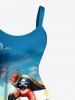 Robe trapèze hawaïenne grande taille à imprimé flamants roses, pirates, cocotiers et vagues - Bleu Ciel XS