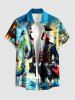 Chemise à boutons grande taille pour homme, motif flamant rose, pirate, cocotier et vagues, style hawaïen. - Bleu Ciel S