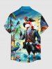 Chemise à boutons grande taille pour homme, motif flamant rose, pirate, cocotier et vagues, style hawaïen. - Bleu Ciel S