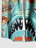 Men's Plus Size Shark Seascape Print Hawaii Button Pocket Shirt -  