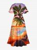 Robe midi fendue hawaïenne à imprimé cocotier et paysage marin grande taille - Orange 1X