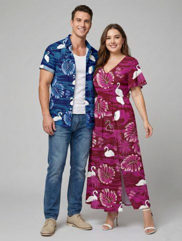 Swan Coconut Tree Leaf Print Plus Size Matching Hawaii Beach Outfit For Couples
