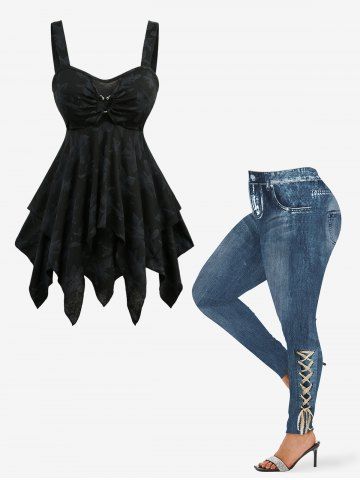 Ensemble grande taille composé d'un haut à boucle en forme de cœur à motif floral superposé et d'un legging imprimé denim ombré effet vieilli 3D - BLACK