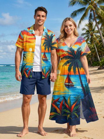 Tableau imprimé « Coconuts, mer, voilier, crépuscule » (grande taille) - Tenue de plage hawaïenne assortie pour couples - SKY BLUE