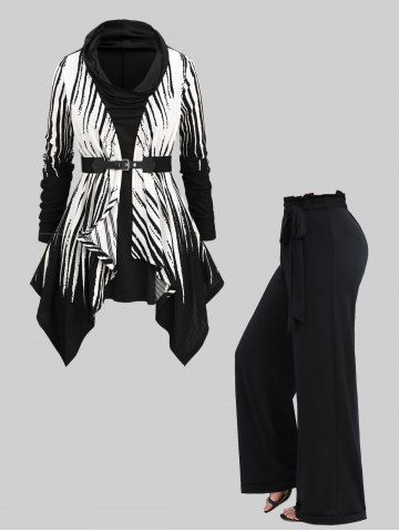 Ensemble grande taille composé d'un t-shirt froncé à rayures noires et blanches à imprimé zèbre et d'un pantalon large. - BLACK