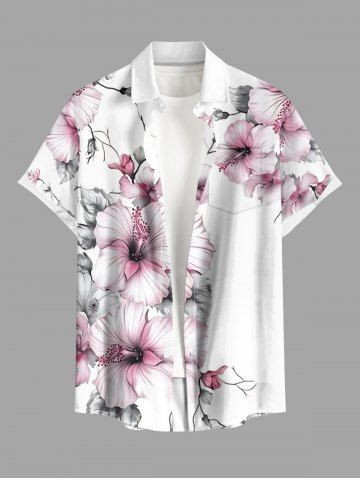 Chemise hawaïenne grande taille pour homme, à imprimé feuilles d'hibiscus, boutons et poche. - WHITE - 6XL