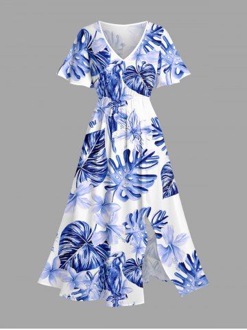 Robe midi hawaïenne fendue à imprimé floral tropical et feuilles grandes tailles - SKY BLUE - 6X