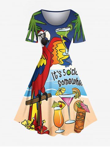 Robe vintage hawaïenne à imprimé perroquet, jus de fruits, cocotier et nuages, grande taille - DEEP BLUE - XS